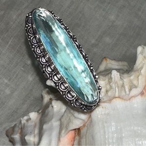 Exquisite Aqua Tourmaline cabochon vintage inspired elongated ring